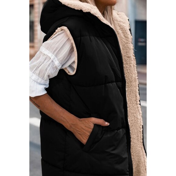 Women's Reversible Fleece Vest Sleeveless Hoodie Pockets Fall Winter Coat - Picture 5 of 6